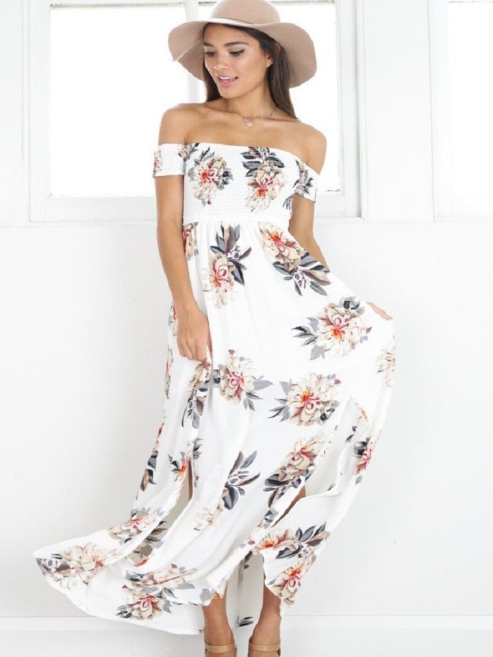 Chest-wrapped Flower Printed Beach Gown White Dresses | EGEMISS