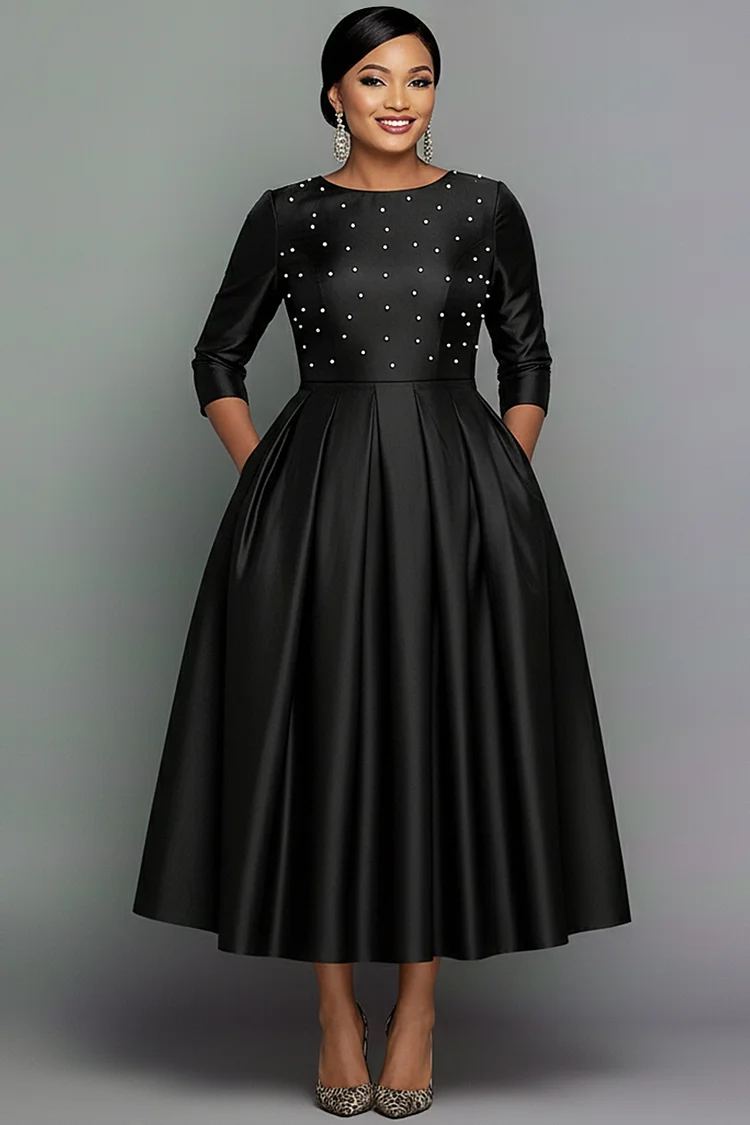 Xpluswear Design Plus Size Formal Black Round Neck Long Sleeve Pearls Elegant Pocket Satin Midi Dresses [Pre-Order]