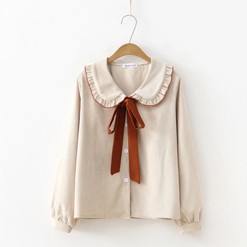 2019 New Solid Ruched Button Up Blouse Ribbon Lace Up Long Sleeve Peter pan Collar Shirt Sweet Girls Loose Plus Size Top T93904F