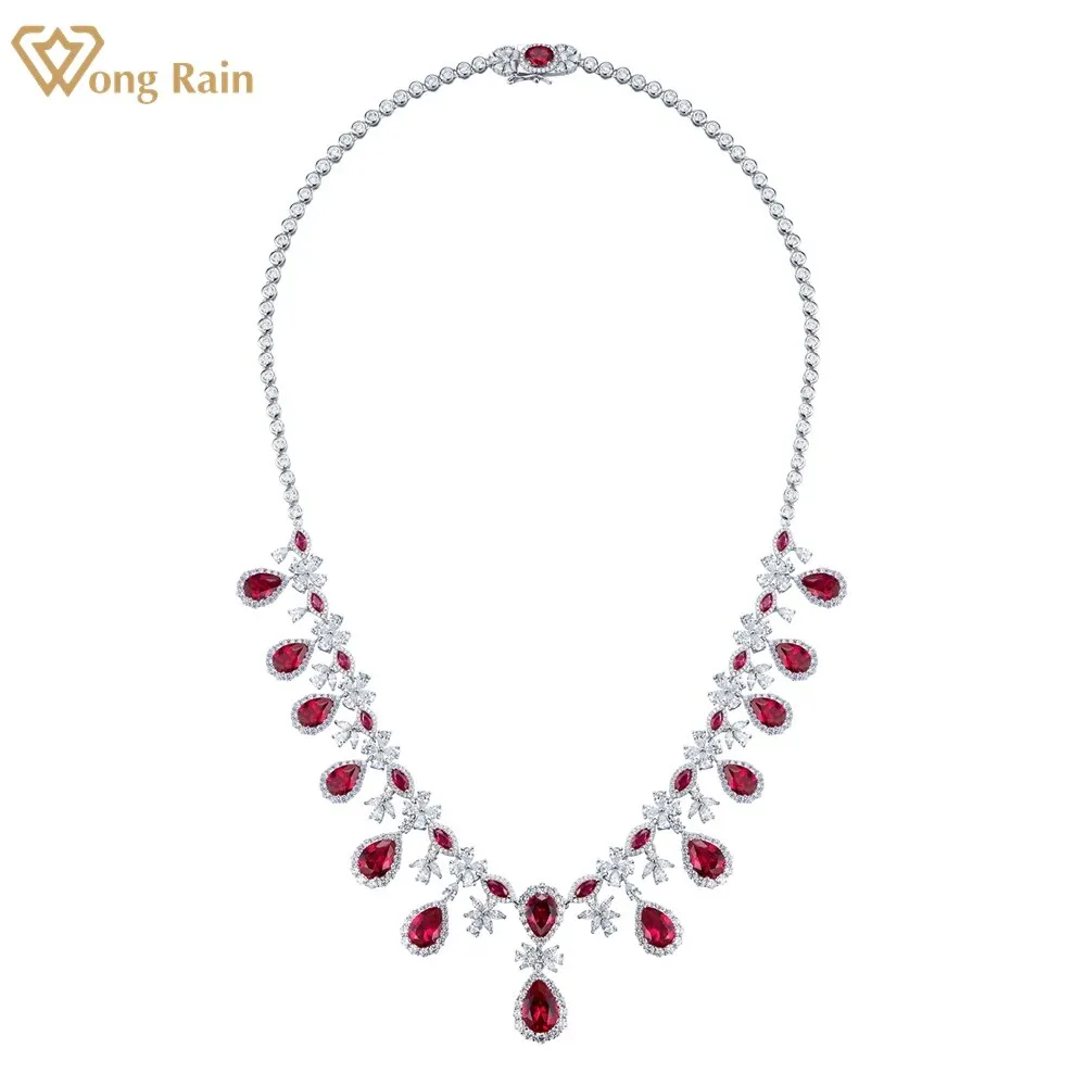 Elegant Vintage 925 Sterling Silver Pear Created Moissanite Ruby Gemstone Anniversary Pendant Necklace Fine Jewelry