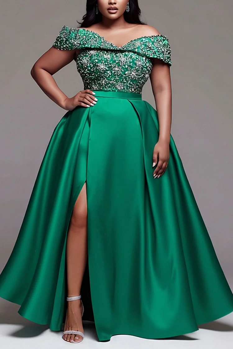 Xpluswear Design Plus Size Formal Green Off The Shoulder Short Sleeve Split Elegant Satin Maxi Dresses