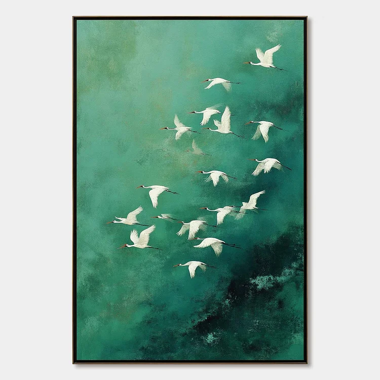 Celestial Journey | Green Crane Abstract Vertical Oil Painting（Canvas painting）