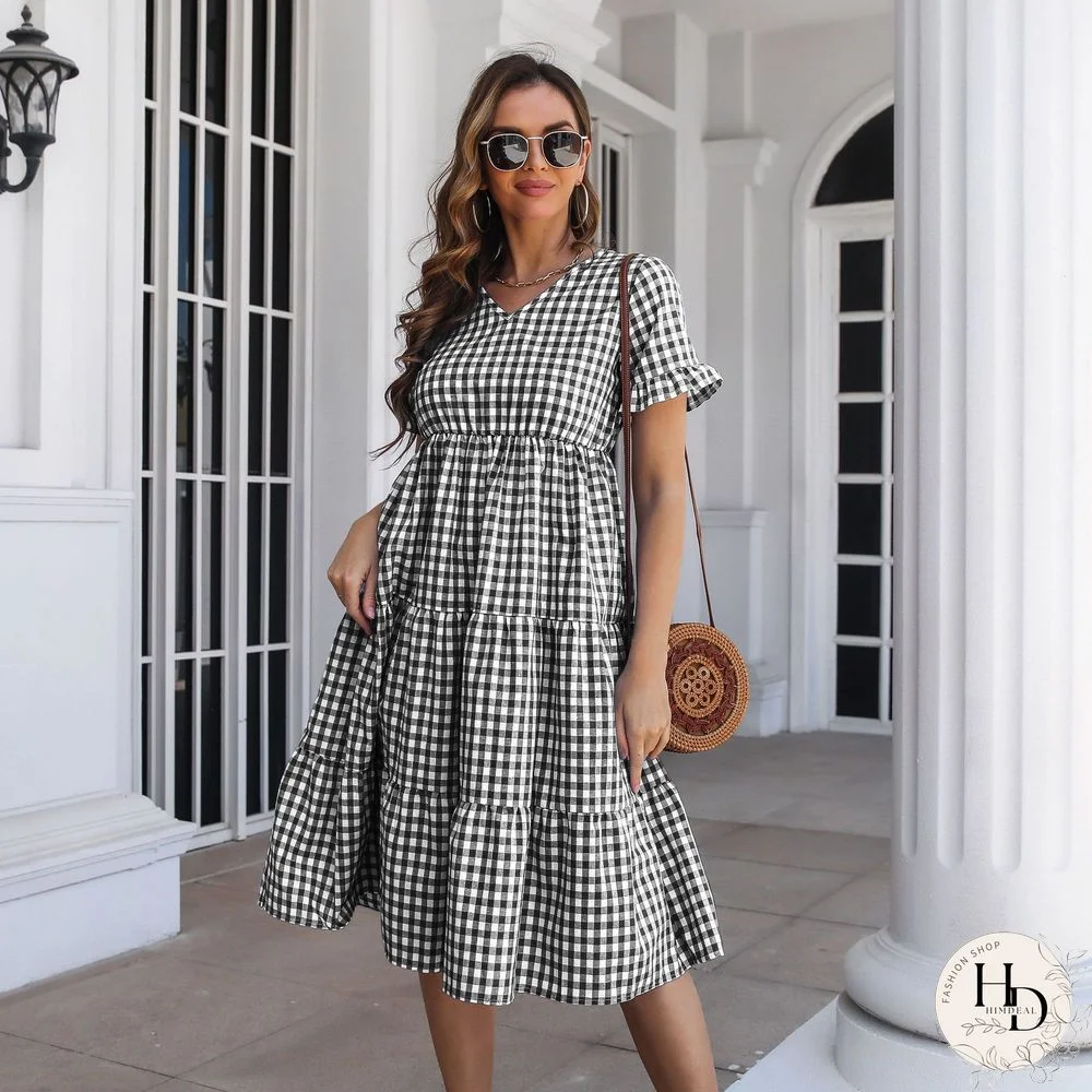 Elegant Fashion Plaid Short Sleeve Dress For Women Dresses New Ruffled V-Neck High Waist Swing A-line Midi Dress