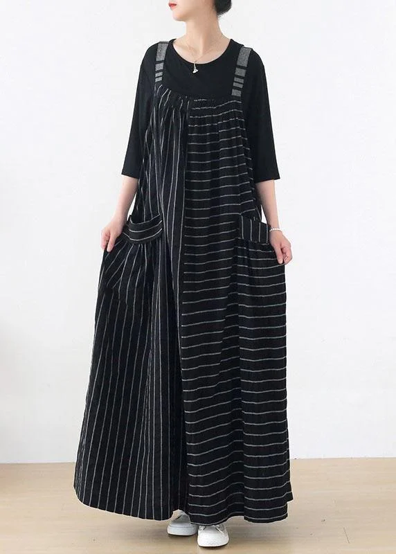 Classy Black Striped Pockets Carpenter Fall Linen Dress