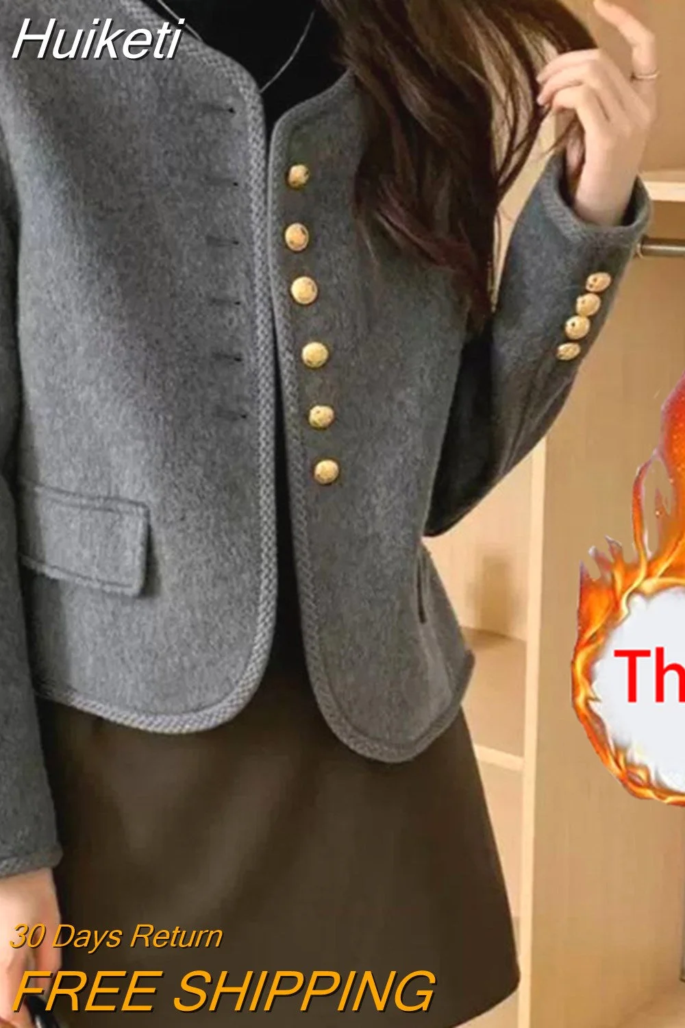 Huiketi Elegant Thick Korean Tweed Jacket Women Casual Long Sleeve Retro Coat Winter Warm Office Lady Single Breasted Vintage Tops