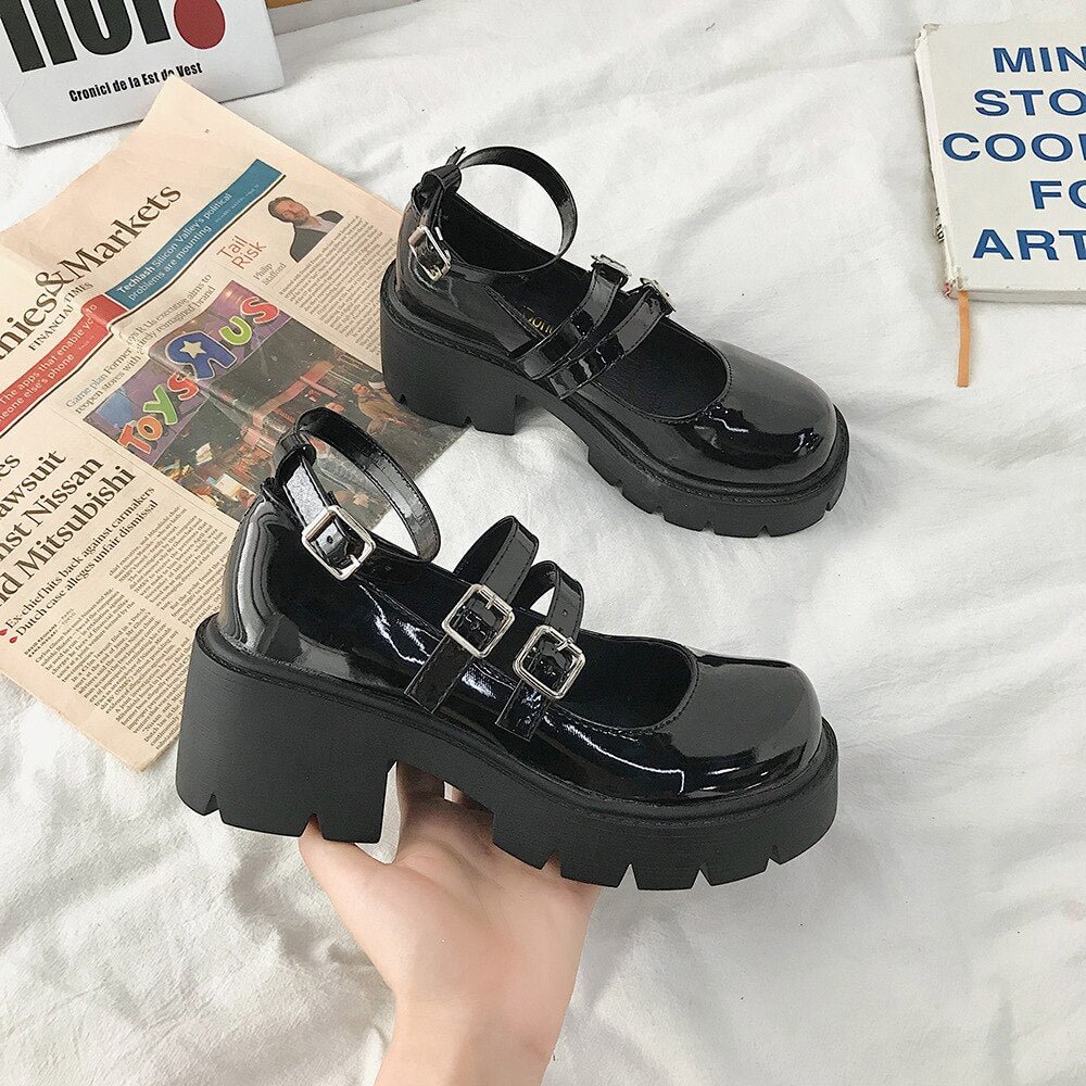 Platform Lolita Shoes Japanese Style Women Soft Leather Heel Shoes 2021 Ladies College Student Black Mary Jane Shoes Goth Punk