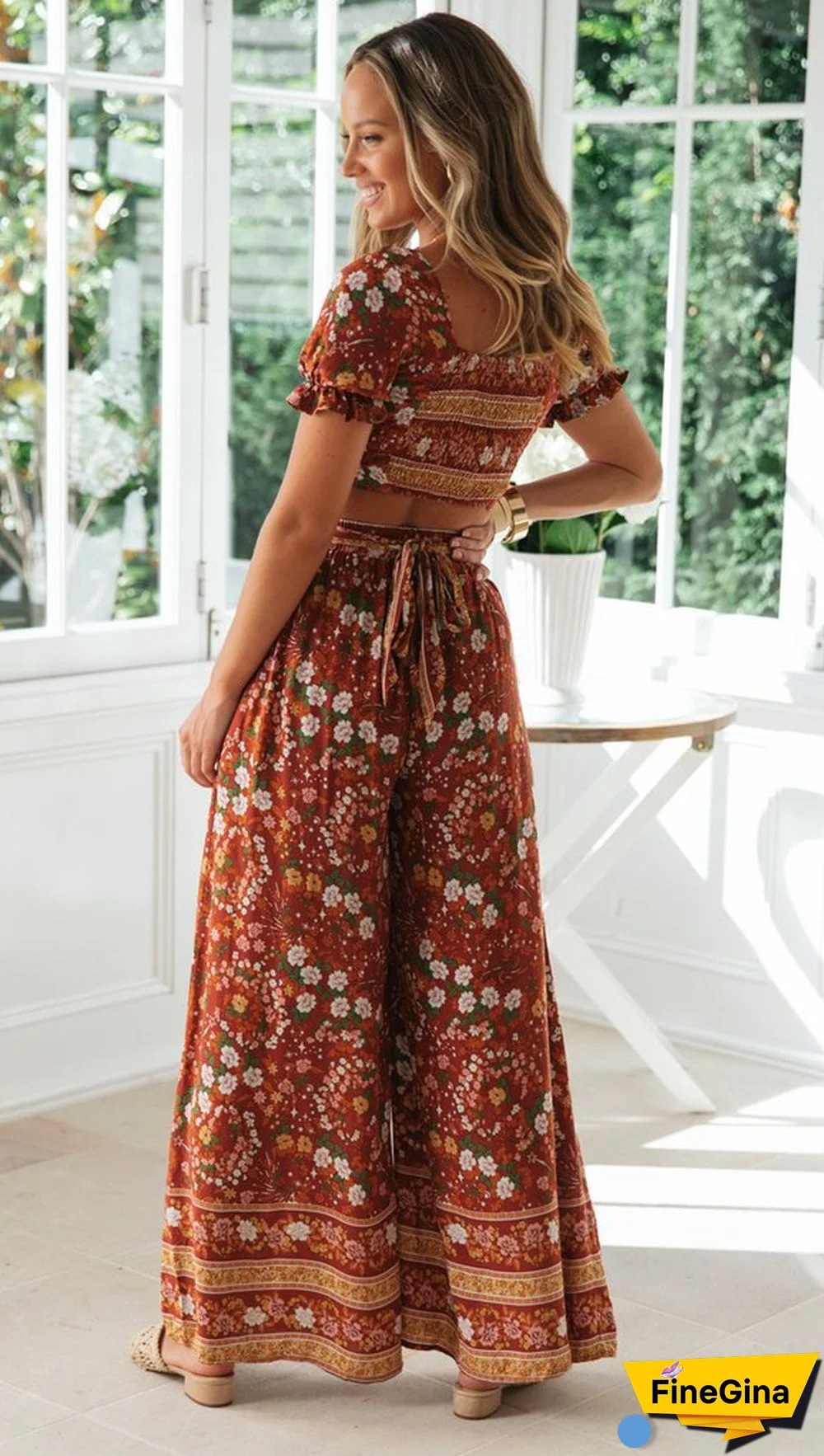 Coffee Floral Crop Top and Pants Matching Sets