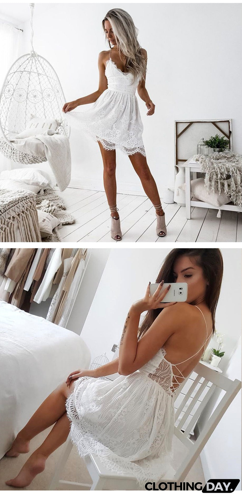 Summer Party Dress Sexy White Pink Deep V Neck Backless Lace Short Dress Women Casual Bandage Spaghetti Strap Sleeveless