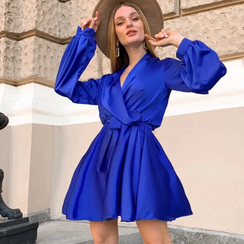 2020 Summer Autumn satin Casual  Women Dress Ladies V-neck Belt vintage Elegant Party Dress Lantern Sleeve A-line Mini Dress