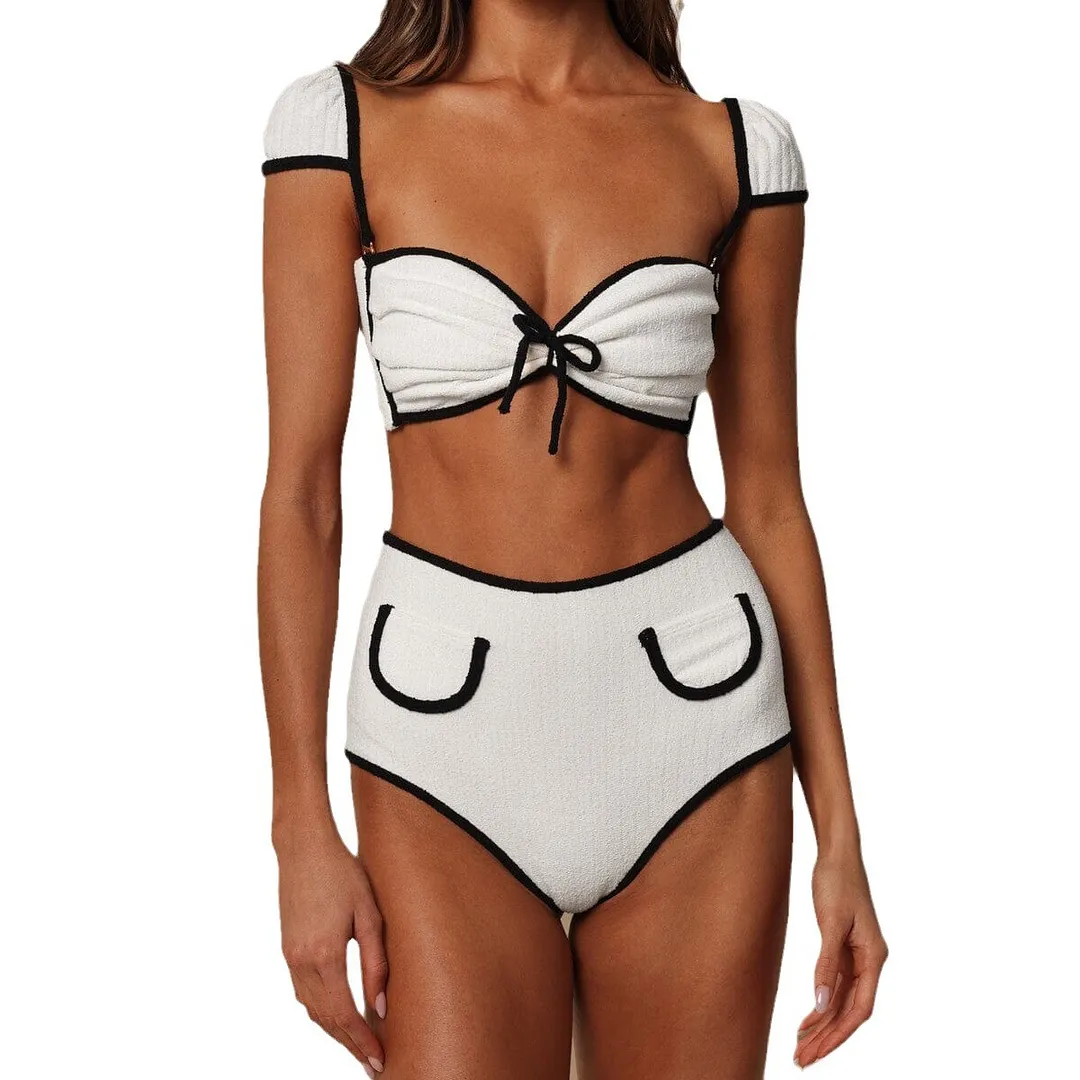 Churchf Solid-Color High-Waisted Bikini 2025 New Simple Split Swimsuit Lady Sexy Bikini