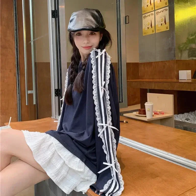 Toloer Lace Striped Bow Long Sleeved Top-Outfit Ideas