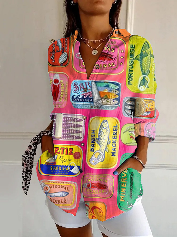 Vintage Sardines Can Print Long Sleeve Shirt