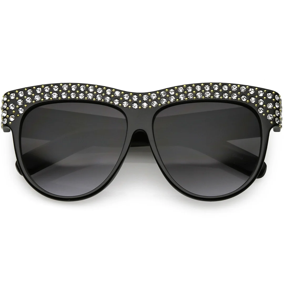 Handcrafted Rhinestone Stud Embellished Oversize glasses Round Flat Lens 57mm