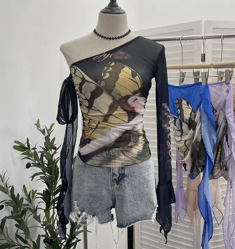 Uveng Design-Sensitive One-Shoulder Horn Long-Sleeved Mesh Yarn-Print T-Shirt With Short Tight Top 9915