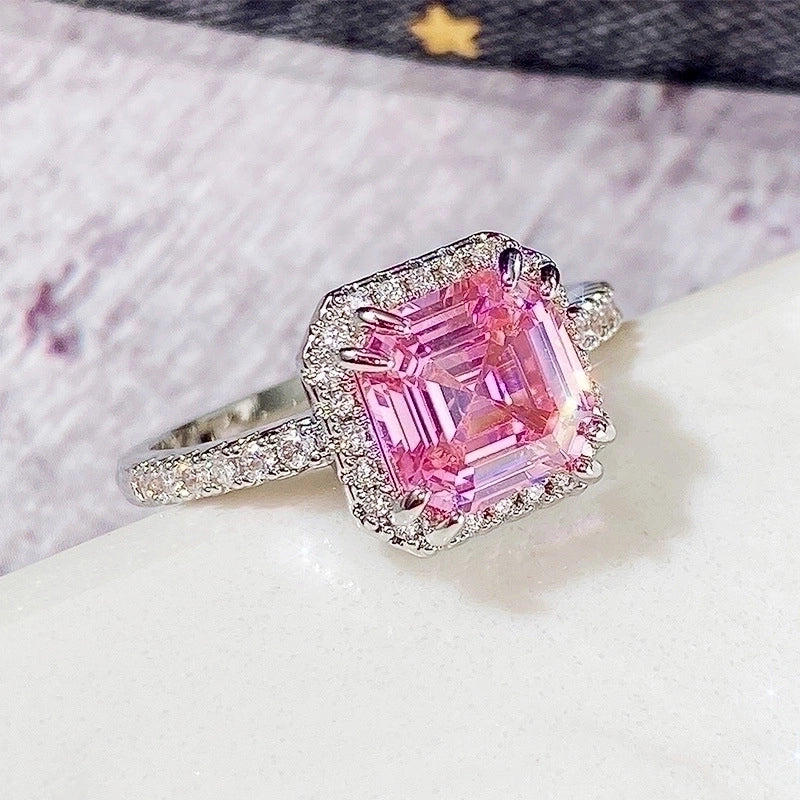 Hand Jewelry Classic Square Pink Diamond Princess Micro-encrusted Women’s Copper Ring