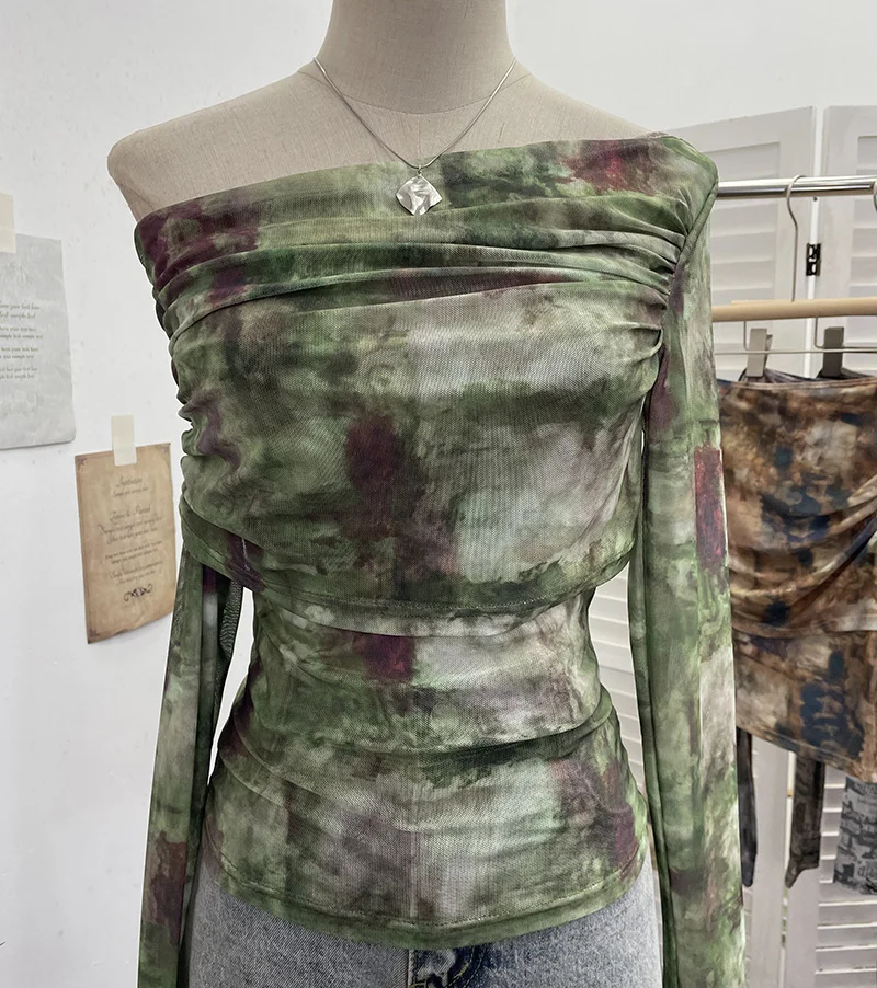 Zingj Vintage Tie-Dye-Print Mesh Folded Long-Sleeved T-Shirt With A Word-Collar Slanted Shoulder-To-Back Short Top 1183