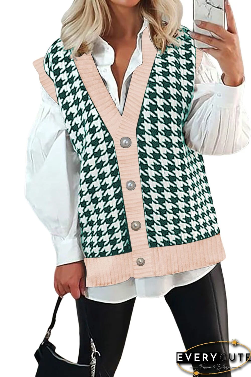 Green Houndstooth Vest Cardigan