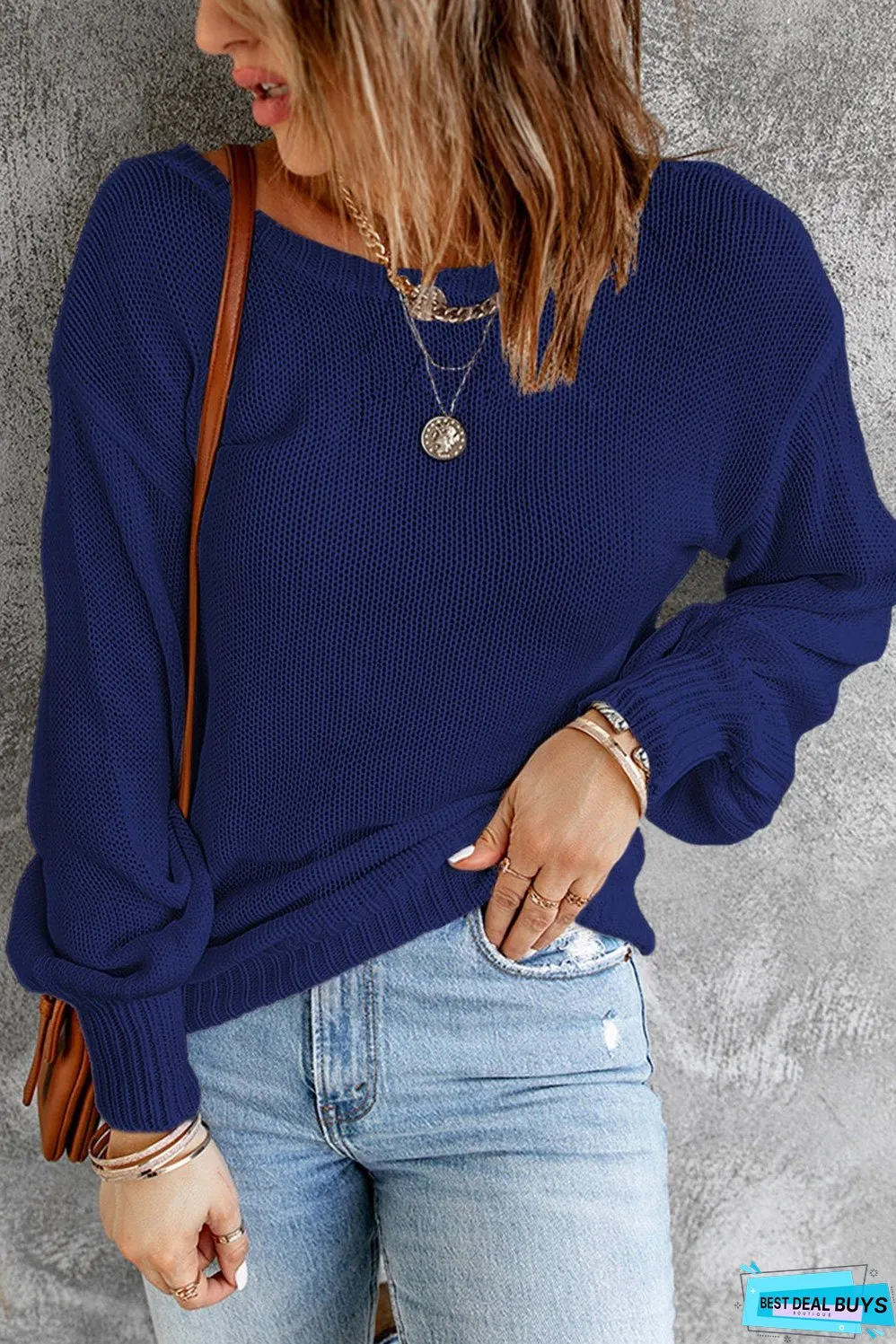 Tied Balloon Sleeve Round Neck Sweater