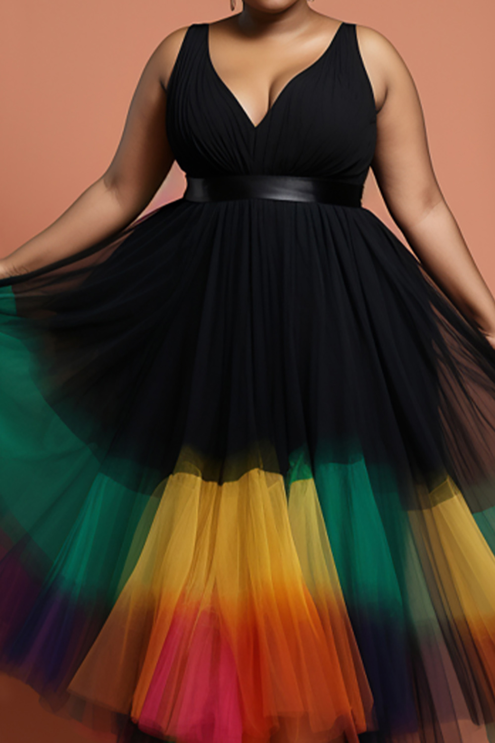 Design Plus Size Party Elegant Black Colorblock V Neck Tulle Maxi Dresses [Pre-Order]