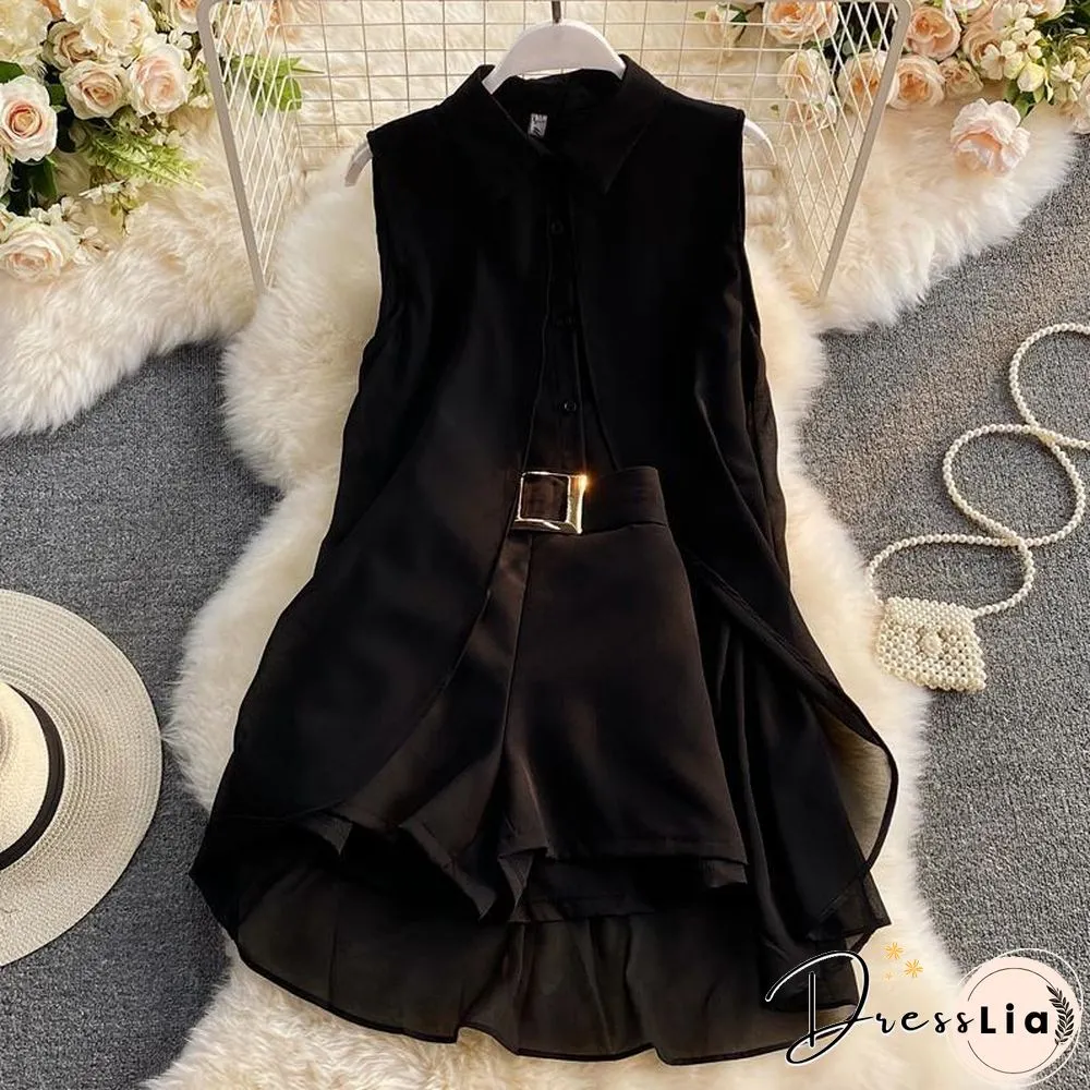 Sleeveless Chiffon Tee+Wild Shorts P14827