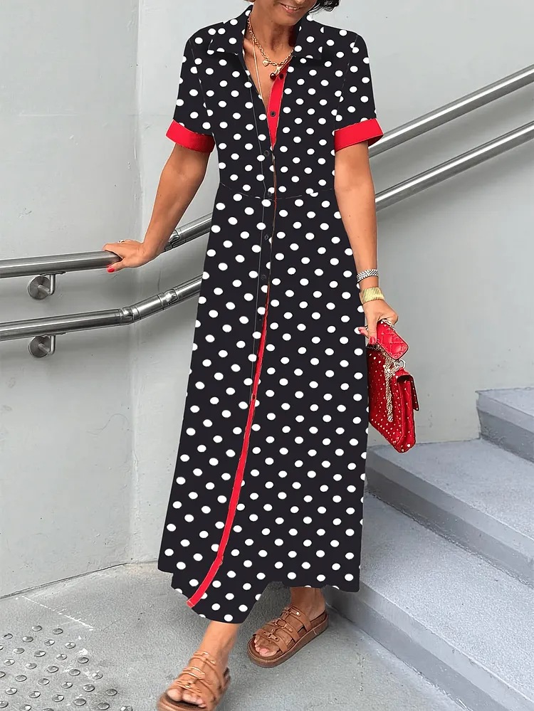 SpringSummer Casual Vacation Dress With Polka Dot Print Contrary Short Sleeve Long Length