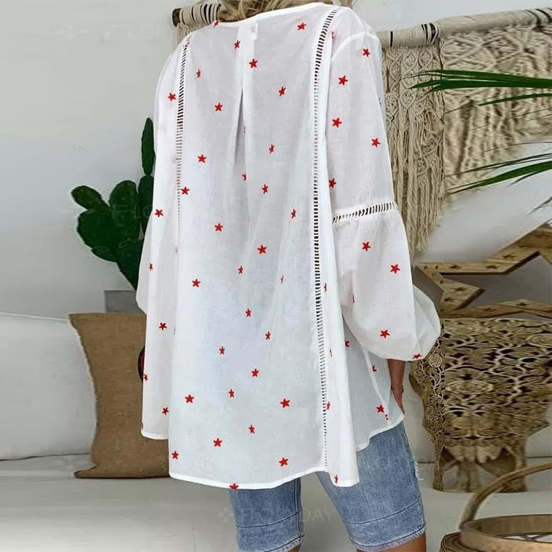 Women White Casual Lantern Long Sleeve Hollow Pentagram Printed Blouse Shirt