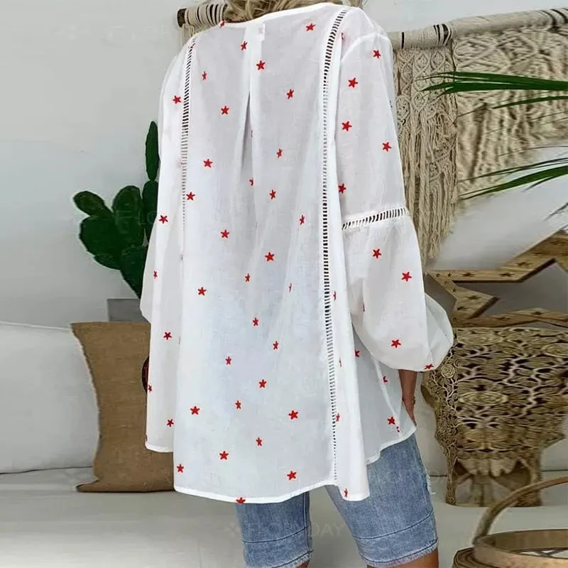 Women White Casual Lantern Long Sleeve Hollow Pentagram Printed Blouse Shirt
