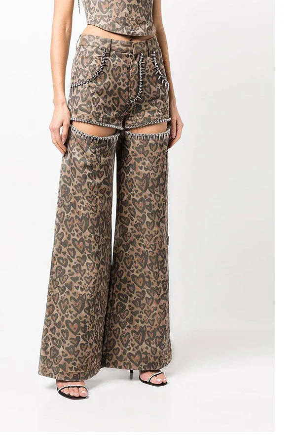 Leopard Print Hippy Rhinestone Trim Cutout Design Jeans