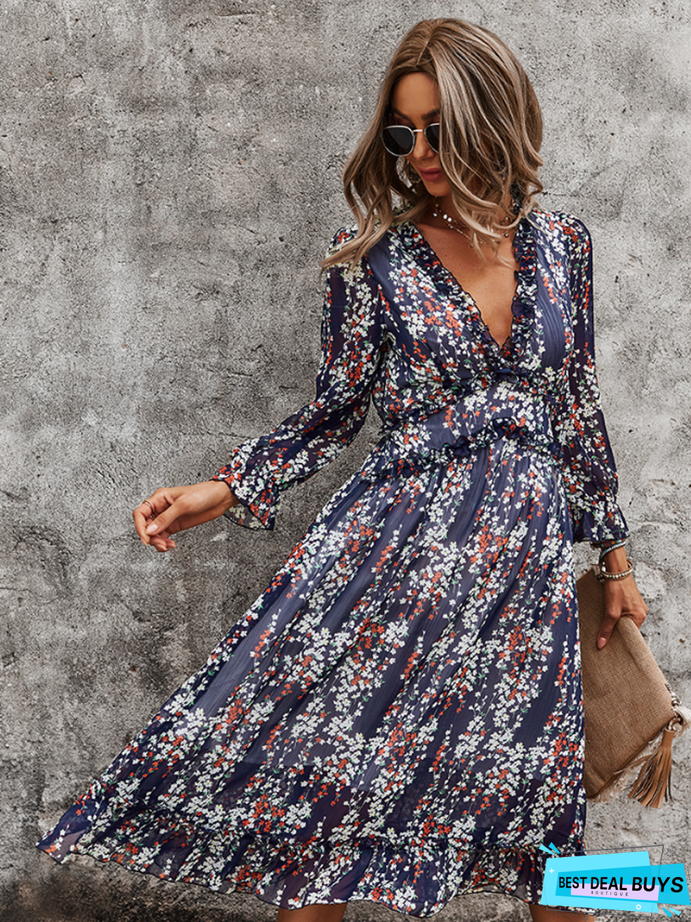 Spring and Summer V-Neck Minimalist Print Dress Girl