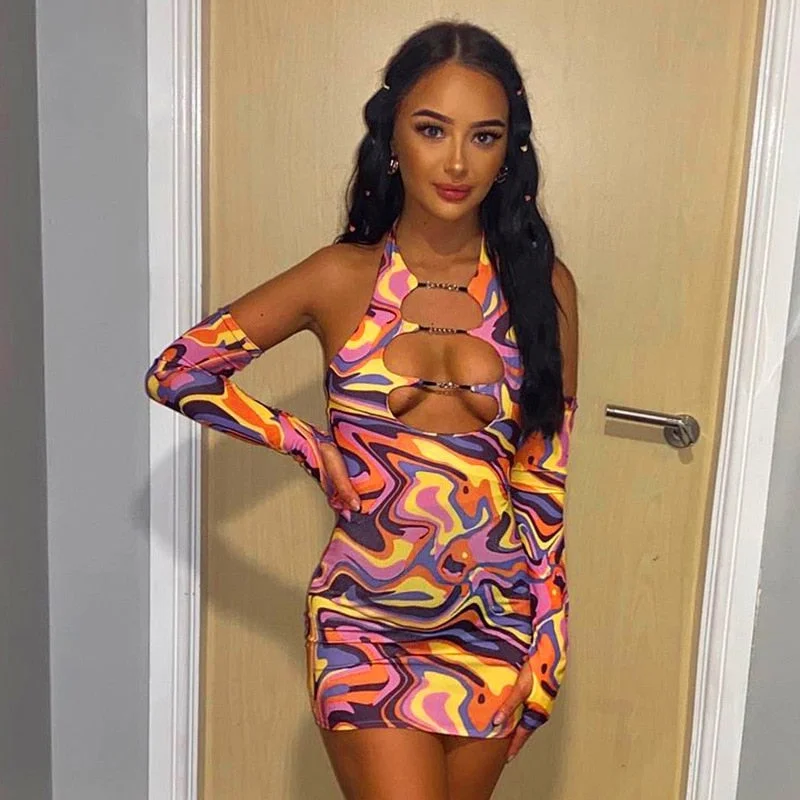 Sexy Print Halter Neck Cut Out Bodycon Mini Dress Women Half Sleeve Backless Stretchy Dresses 2022 Summer Harajuku Y2K Clothes