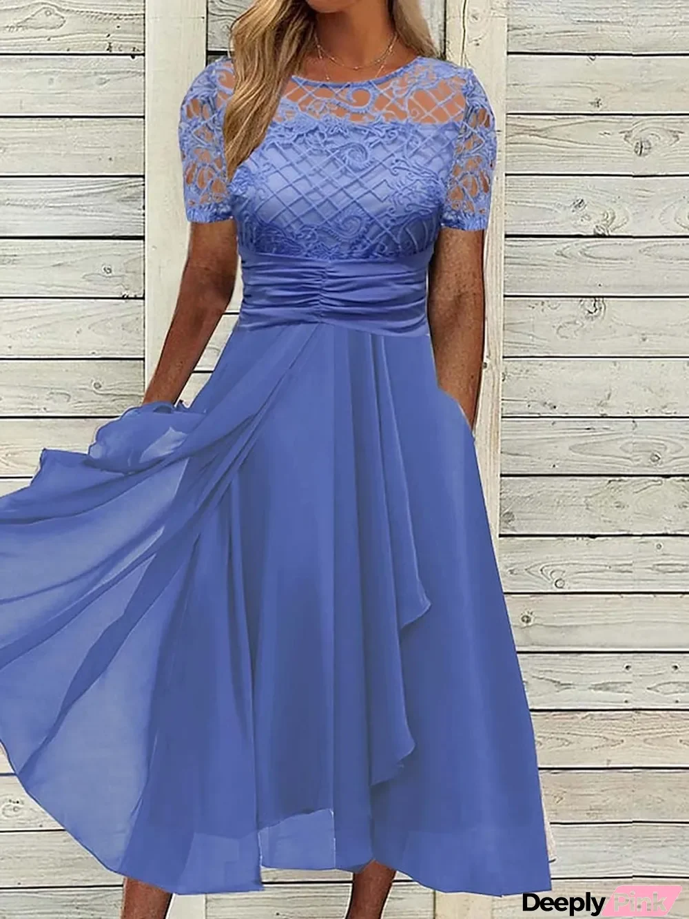 Women's Party Dress Lace Dress Cocktail Dress Midi Dress Blue Short Sleeve Pure Color Lace Summer Spring Fall Crew Neck Party Wedding Guest Vacation Summer Dress S M L XL 2XL 3XL