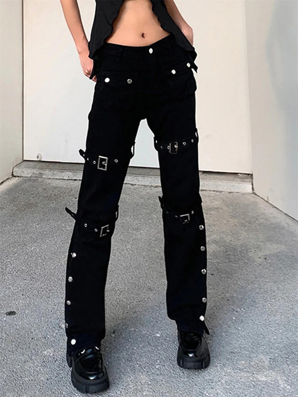 Jangj Gothic Bandage Women Baggy Jeans Punk Style Egirl Black Denim Trousers Y2K Dark Academia Hight Waist Streetwear Pants