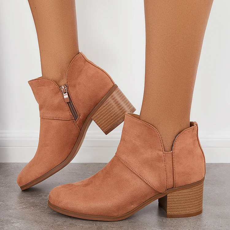 Women V Cutout Booties Chunky Heel Side Zipper Ankle Boots