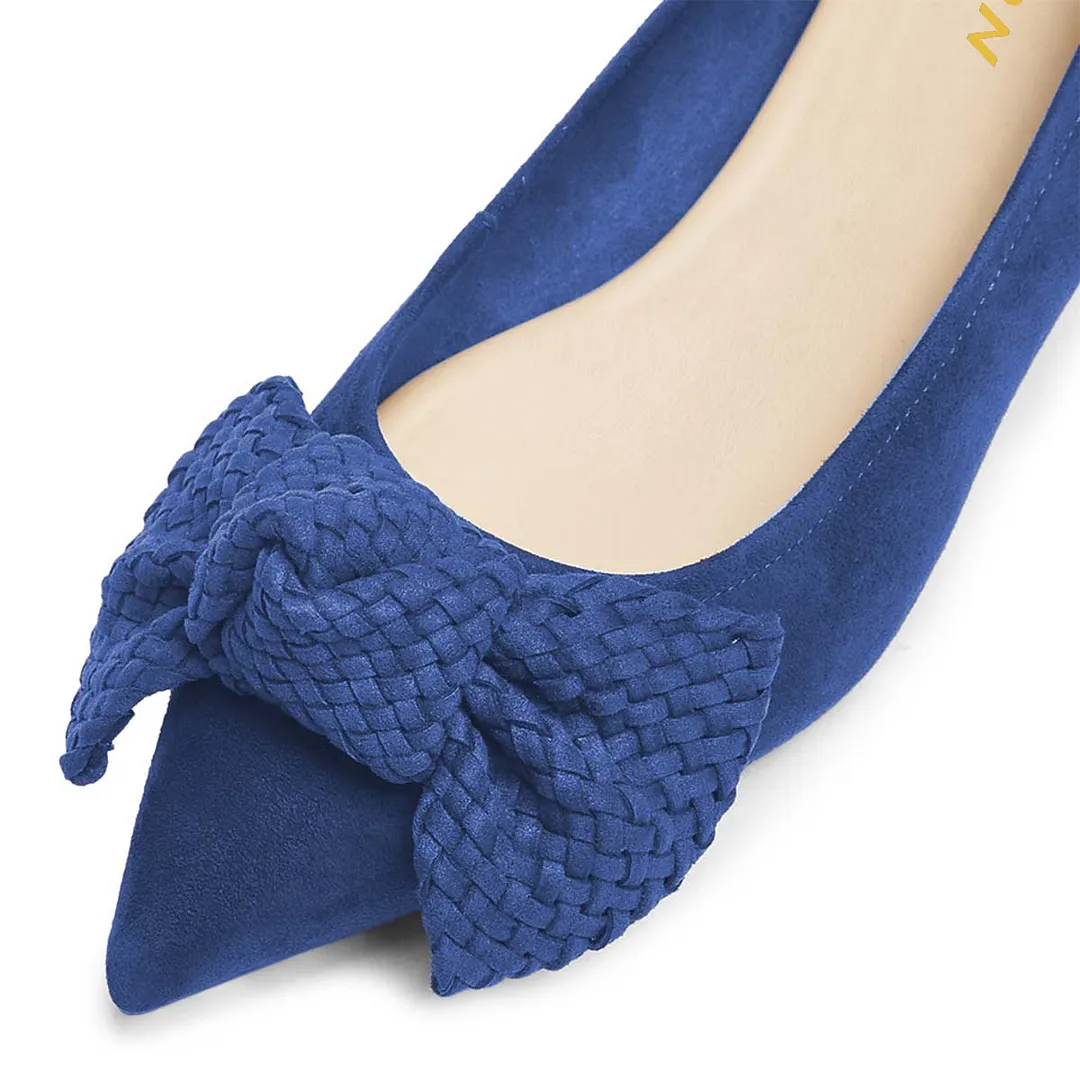 Cute Blue Vegan Suede Pointed Toe Woven Bow Decor Pumps Heels