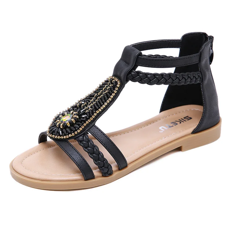 Vanccy Bohemian Vintage Beaded Rhinestone Roman Sandals QueenFunky