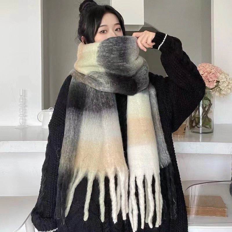 Rainbow Plaid Tassel Scarf For Women Autumn And Winter Famous Color Matching Cashmere Mohair Shawl Thickened Scarf