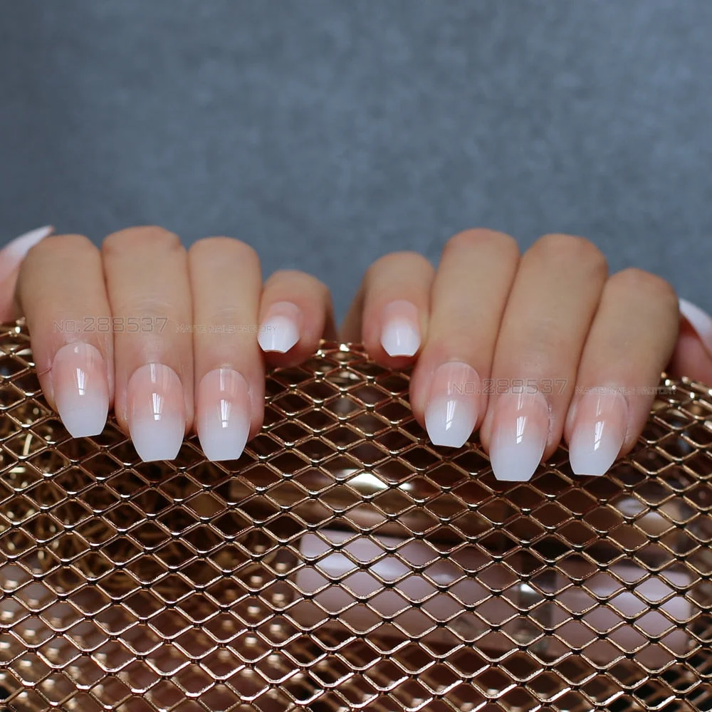 Jelly nude white gradient coffin fake nails stiletto nails lovely pink medium nature False nails Full Nail end product 24pcs-Nail Inspo