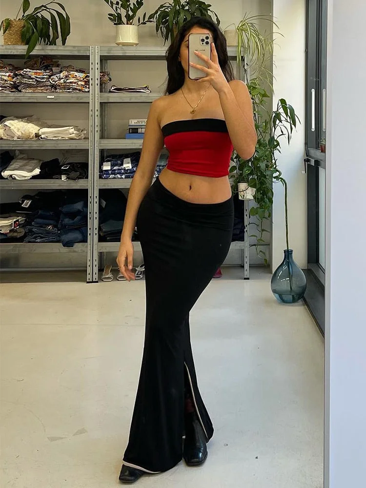 Jacqueline 2022 Sexy Bodycon Long Dress Set Women Summer Beach holiday Tube Tops and Split Skirt Two Pieces Sets y2k Patchwork