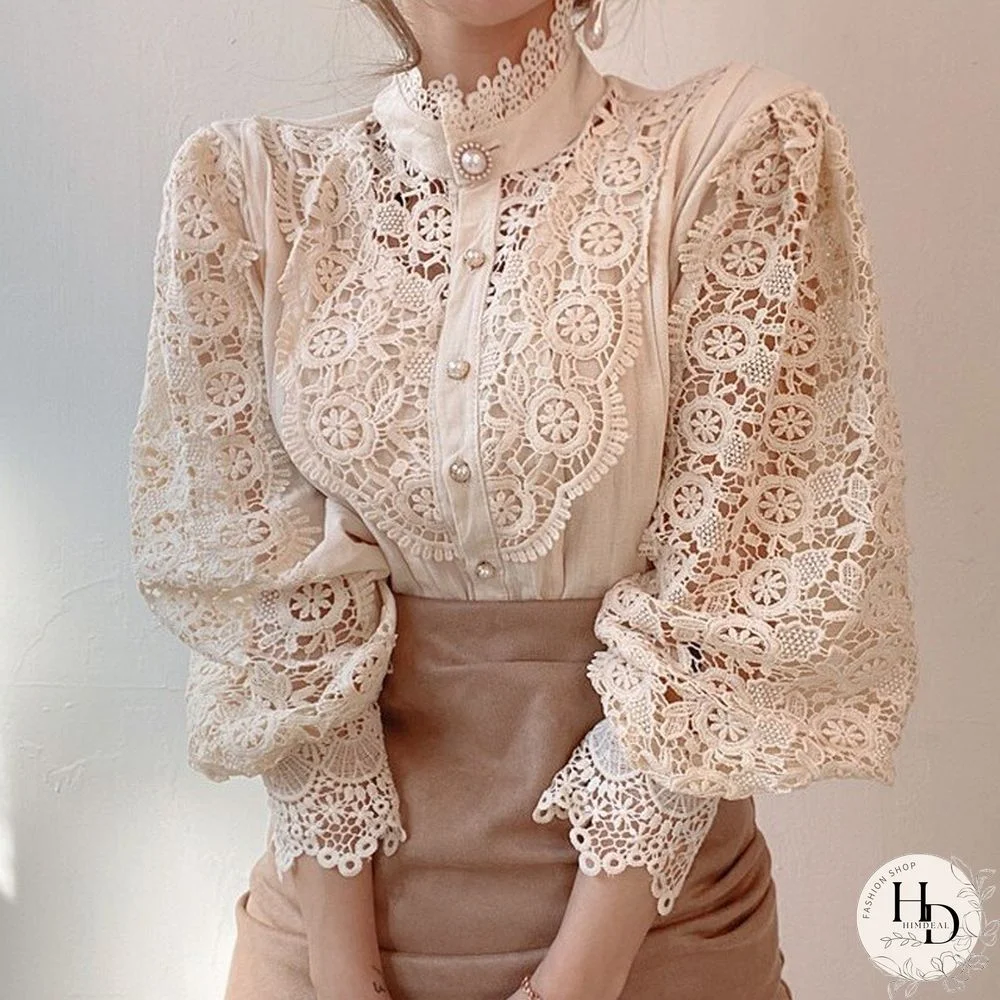 Stand Collar All-Match Femme Blusas Petal Sleeve Women Blouse Chic Button Hollow Out Flower Lace Patchwork Shirt White Top 12419