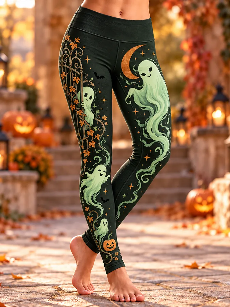 Comstylish Women's Black Halloween Ghost, Gate, And Pumpkin Print High-waisted Leggings