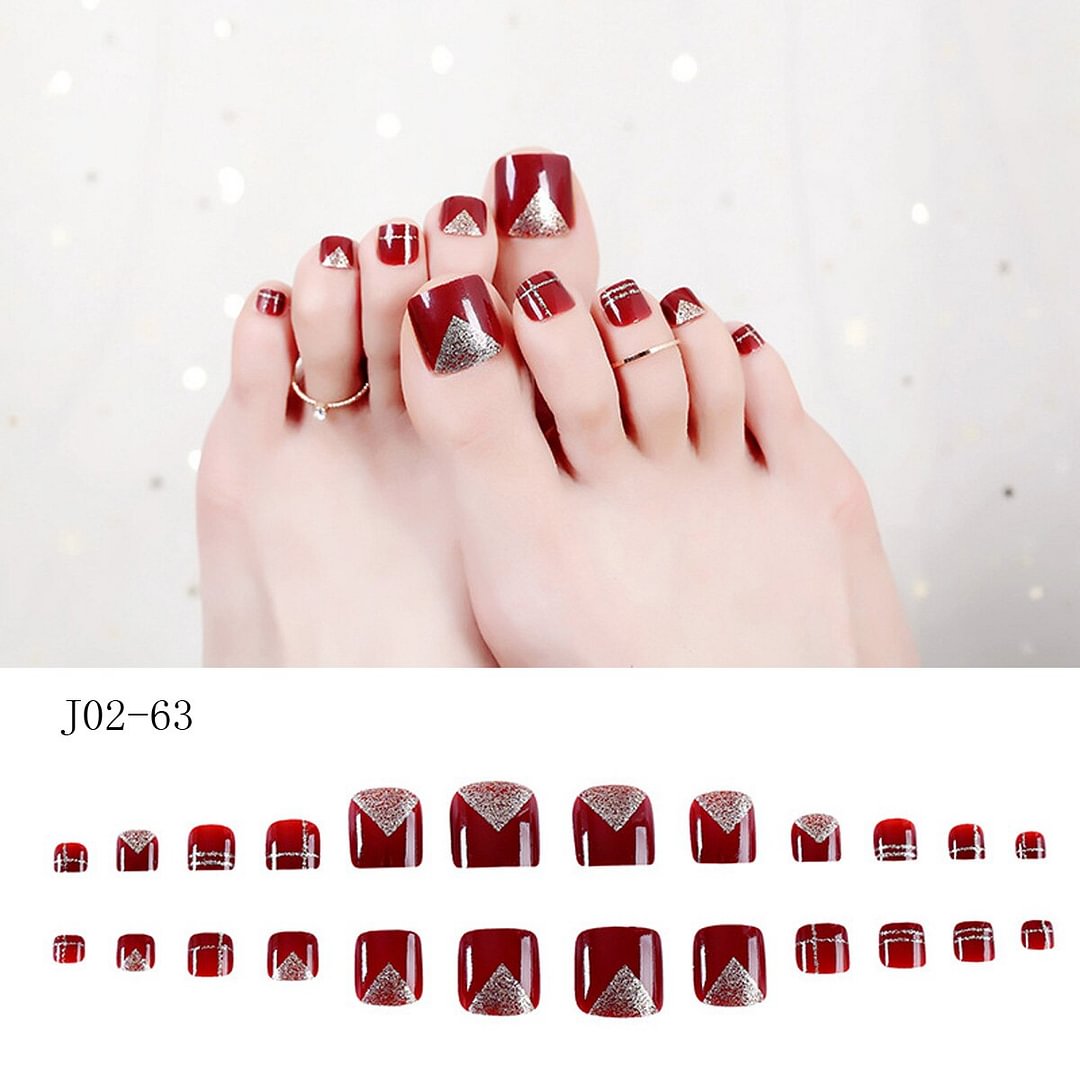 24pcs Luxury Full Fake Toe Nail Rhinestone False Nails Finished Manicure Flash Drill Wine Red Foot Nail Art for Summer Barefoot