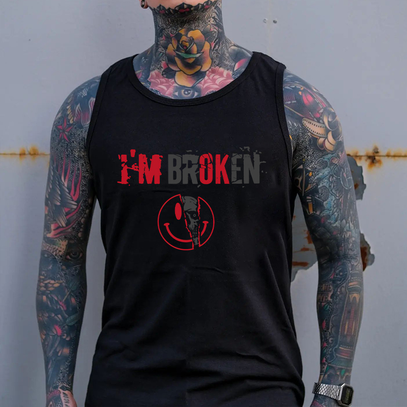 I'M BROKEN Emoji Skull Graphic Black Print Vest