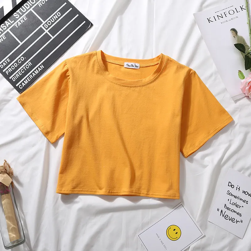 Churchf Churchf Top White Short T-Shirt Female Summer Short Sleeve Korean Version Pure Color Students High Waist Leakage Navel Loose Versatile