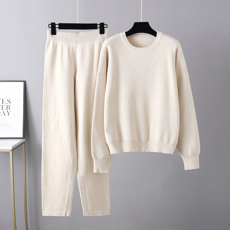 Rotimia Solid color crew neck sweater knitted two-piece set