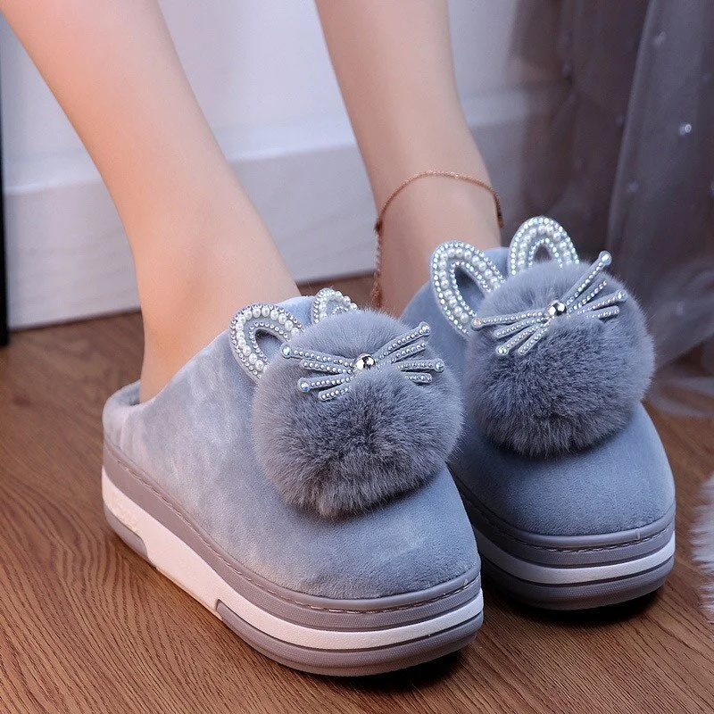 Winter Women Slippers Shoes Home Cute Thick Bottom Cat Warm Plush Ladies Shoe Fashion Flat Platform Female Casual Shoes 2021 New