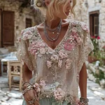 Women's Floral Embroidered Art V-neck Short Sleeve Linen Blend T-shirt - Image 2