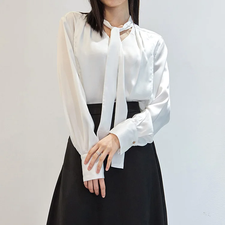 White Tie Neck Satin Blouse QueenFunky