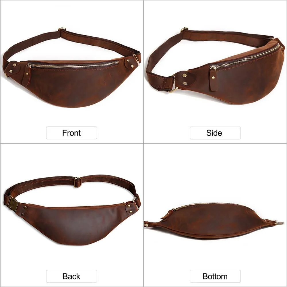 Luxury Crazy Horse Leather Chest Bag Fanny Pack Mens Waist Bag Custom Logo Male Waist Pack For Phone Pouch Outtoor Sport Bum Bag