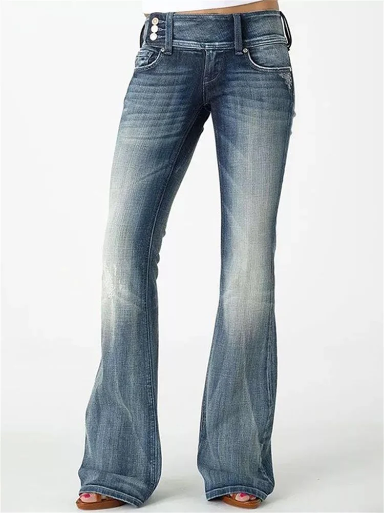 Side Buttons Washed Bell Bottom Jeans