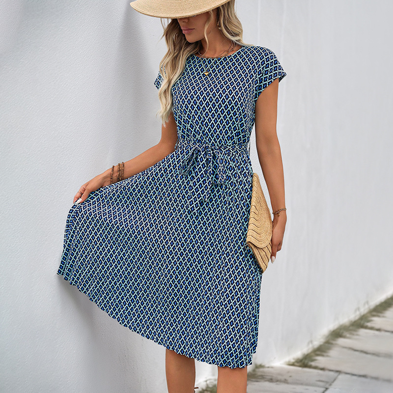 Mature Women Casual Summer Lace-up Flying Sleeves Printed Round Neck Dress